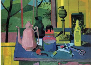 Theo Bitter, Stilleven met keukengerei en schildersattributen, begin jaren vijftig, olieverf op doek, 65 x 85 cm. Particuliere collectie